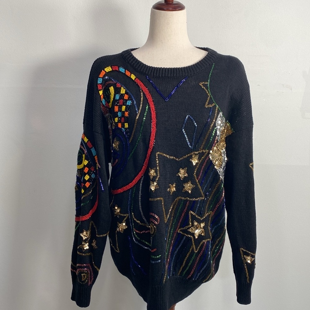 Vtg Celestial Star Print Sweater Rainbow Waves M‎ Made in Hong Kong